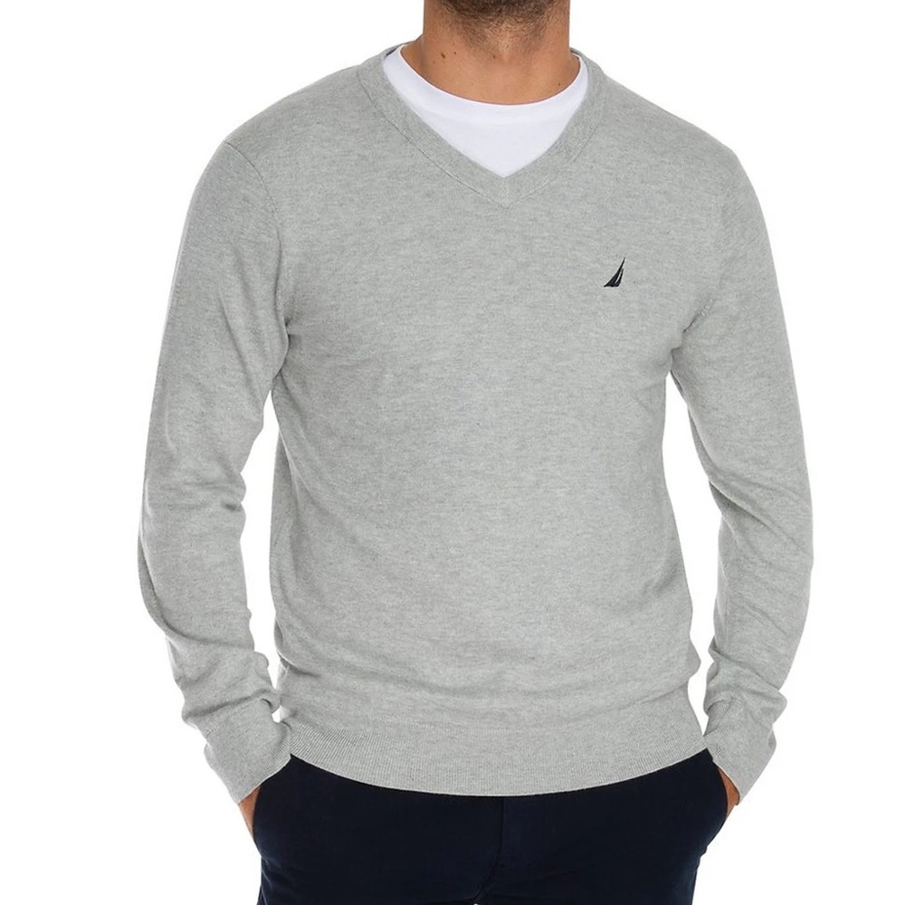 Nautica 100%‎ Cotton Soft Stretchy V-Neck Heather Grey Sweater. Men’s Large.